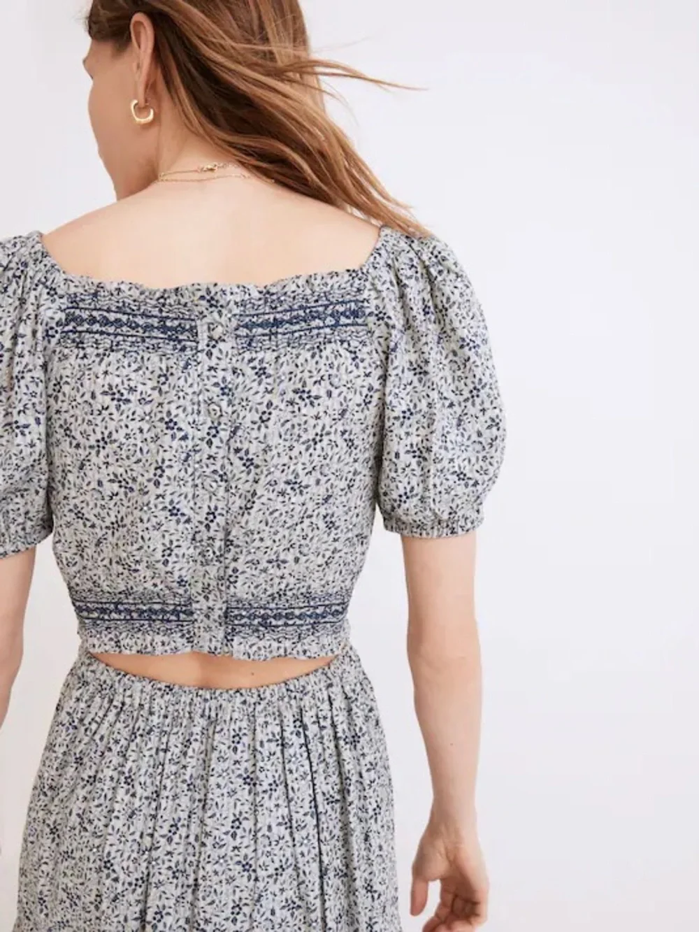 NWT Madewell 4x Jeanette Top Floral Blue Crop Blouse Boho Button Back
